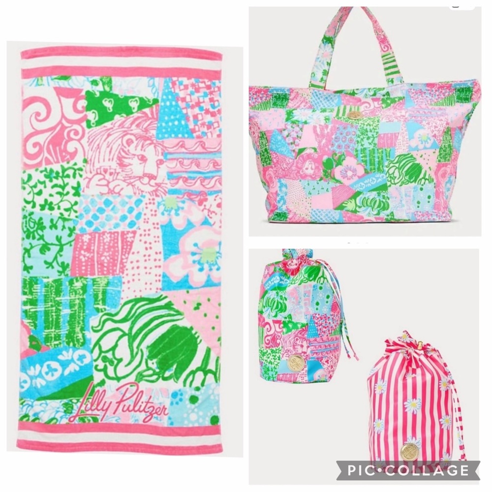 Lilly Pulitzer Tote Bag, Towel, and Pouches 4 piece set NEW Multi Crazy Quilt